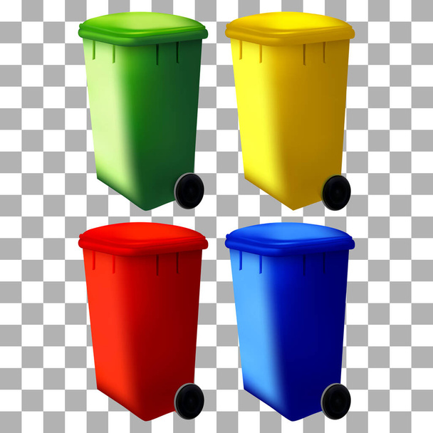 ゴミ箱のリサイクル容器。通りのゴミ箱セット。エコシステムのビンを分類する。カラフルなビン上のリサイクルシンボルのベクトルコレクション. - ベクター画像