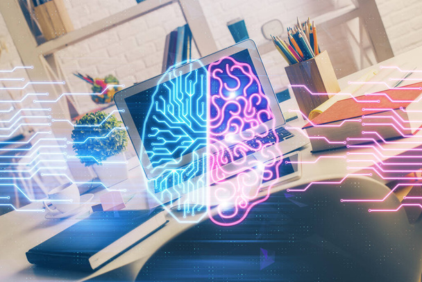 Подвійна експозиція робочого простору з комп'ютером і голограмою малювання людського мозку. концепція мозкового штурму
. - Фото, зображення