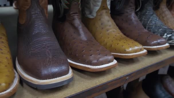 Półki pełne nowych kowbojskich butów. - Materiał filmowy, wideo