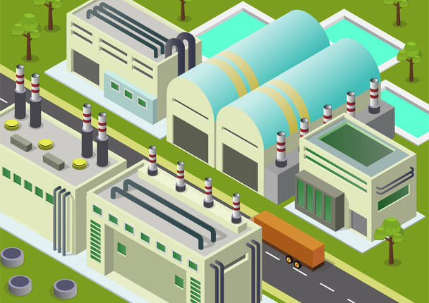 Vektor-Illustration isometrische Zusammensetzung von Industriegebäuden mit Blick auf die Anlagen wie Schornstein, Straße und Fahrzeug - Vektor, Bild