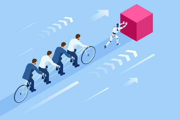Isometric Goals Setting for Business Team. Creative Idea Teamwork Banner Concept. Business Team Riding Tandem Bicycle. Team success. Business concept illustration. - Vector, Image