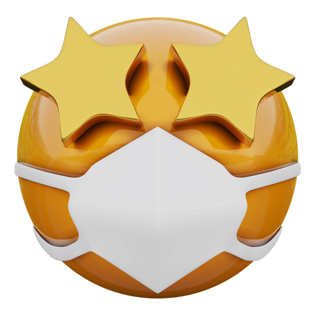 Representación 3D de la cara sonriente de emoji amarillo con ojos estrellados en máscara médica que protege contra el coronavirus 2019-nCoV, MERS-nCoV, sarro, gripe aviar y otros virus, gérmenes y bacterias y enfermedades contagiosas
. - Foto, Imagen