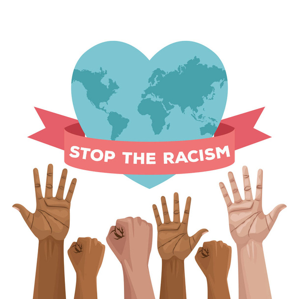 parar racismo cartaz do dia internacional com as mãos e planeta coração
 - Vetor, Imagem