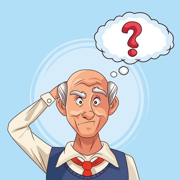oude man patiënt van de ziekte van Alzheimer met vragen spraakbel - Vector, afbeelding