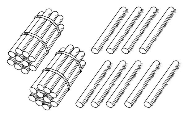 Типичное представление связки из 29 палочек, упакованных в десятки, которые могут быть использованы при учении подсчета, группировки и стоимости места, рисования винтажных линий или гравировки иллюстраций
. - Вектор,изображение