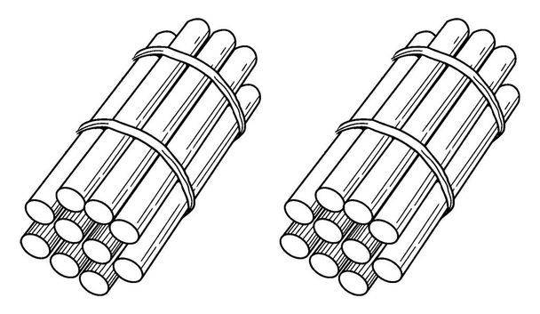 Типичное представление связки из 20 палочек, упакованных в десятки, которые могут быть использованы при учении подсчета, группировки и стоимости места, рисования винтажных линий или гравировки иллюстраций
. - Вектор,изображение