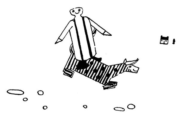 Das Cartoon-Bild zeigt, dass Hans und die Kuh vor die Hütte kommen. Hans ist mit so viel Aufregung und einem lächelnden Gesicht, Vintage-Linienzeichnung oder Gravierillustration. - Vektor, Bild