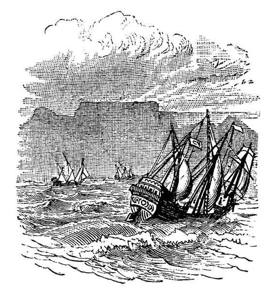 Brigantine Zeilschip wordt gekanteld in de oceaan tijdens de storm, vintage lijn tekening of graveren illustratie. - Vector, afbeelding