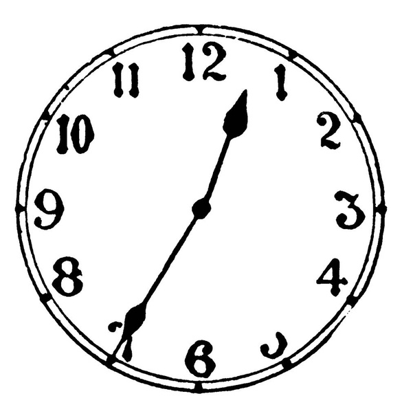 A typical representation of a round-shaped wall clock that displays it is 25 minutes to 1, vintage line drawing or engraving illustration. - Vector, Image