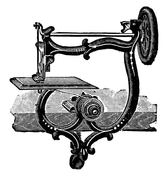 Una máquina de coser, 1903, diseñada para ser cosida por una sola persona. Generalmente, se utiliza para coser tela y otros materiales junto con hilo, dibujo de línea vintage o ilustración de grabado
. - Vector, imagen