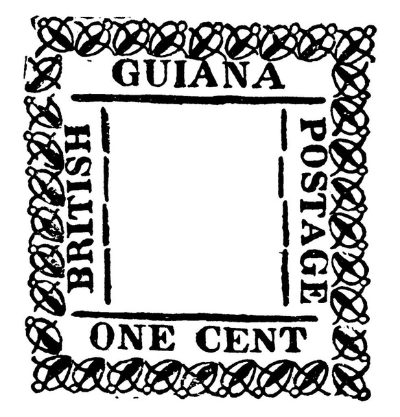 Brit Guyanai bélyegző (1 centes) 1862-ből. Brit Guyana (más néven Guyana) volt a neve a brit kolónia északi partján Dél-Amerika, vintage line rajz vagy gravírozás illusztráció. - Vektor, kép