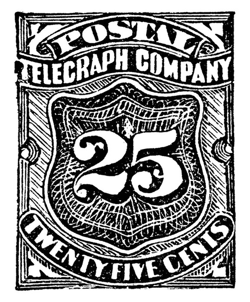 Yhdysvaltain Telegraph Stamp (25 senttiä) alkaen 1885, pieni liima paperinpala kiinni jotain osoittaa rahamäärä maksettu, vintage linja piirustus tai kaiverrus kuva
. - Vektori, kuva