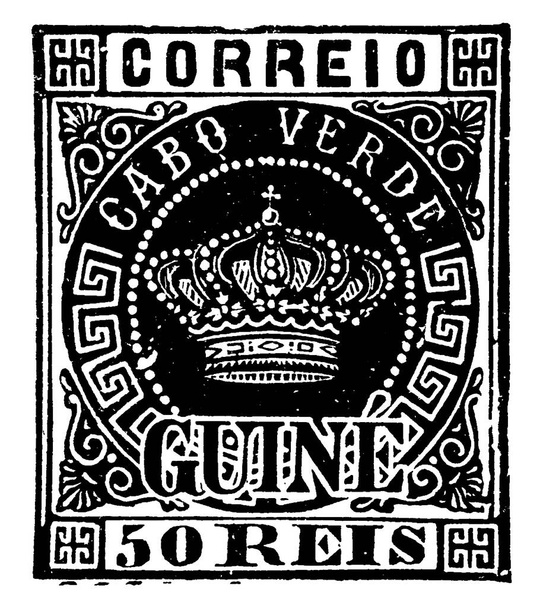 Guinee Stempel (50 reis) uit 1879, een klein plakpapiertje zat vast aan iets om een bedrag te laten zien dat betaald was, voornamelijk een postzegel, vintage lijntekening of graveerillustratie. - Vector, afbeelding