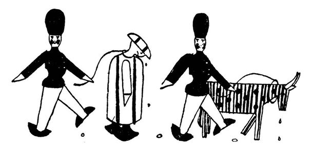 La imagen de dibujos animados muestra que, los soldados arrestan a Hans por robar la vaca ya que estaban fuera tan tarde. Hans camina con la cabeza inclinada hacia abajo, dibujo en línea vintage o ilustración de grabado
. - Vector, Imagen