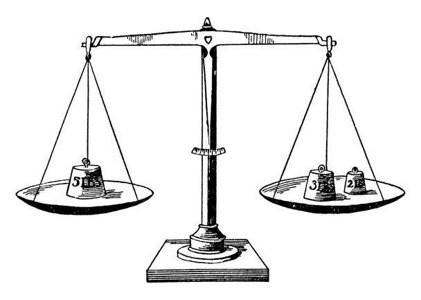 Représentation typique d'une balance tenant 5 livres à gauche et des poids de 3 et 2 livres à droite montrant 3 + 2 = 5, dessin de ligne vintage ou illustration de gravure
. - Vecteur, image