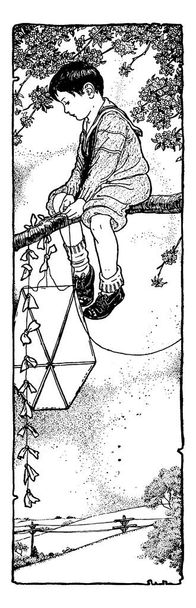 この絵は、凧で木の枝に座っている小さな男の子がそれから吊り下げられ、地面にぶら下がっている様子、ヴィンテージラインの絵や彫刻イラストを描いています。. - ベクター画像