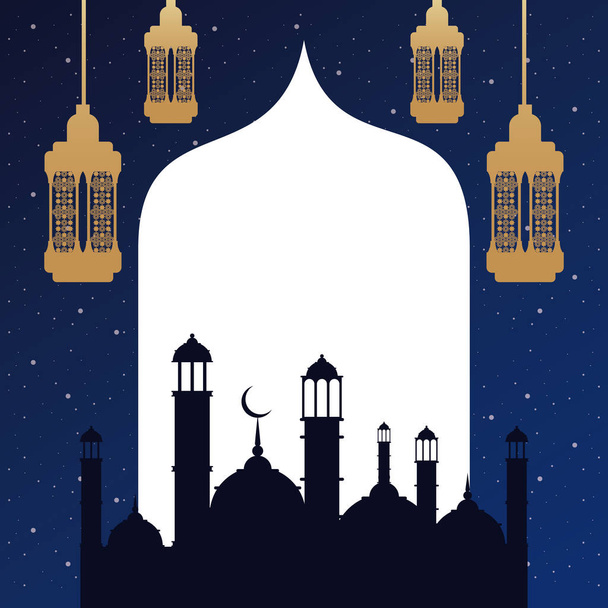Ramadan Kareem karty ze złotymi latarniami i Taj Mahal - Wektor, obraz
