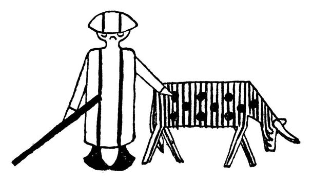 La imagen de dibujos animados muestra que, Hans y la vaca están caminando de vuelta a casa. Hans está muy deprimido y con una cara triste, dibujo de línea vintage o ilustración de grabado
. - Vector, Imagen
