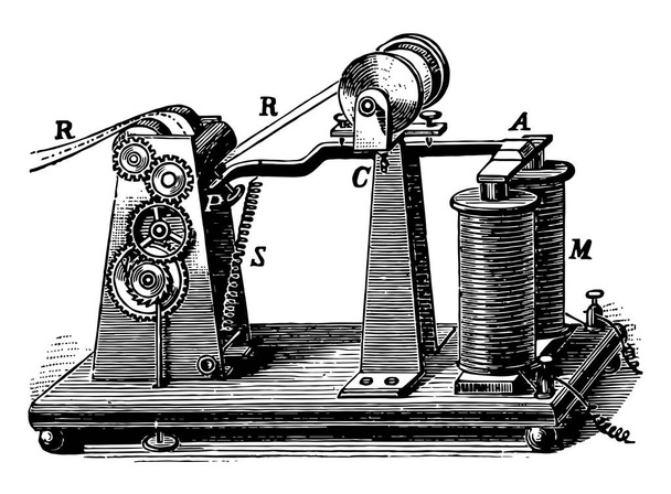 Ta ilustracja przedstawia Morse Telegraph rejestracji, która jest obsługiwana na końcu dźwigni, vintage rysowania linii lub Grawerowanie ilustracja. - Wektor, obraz