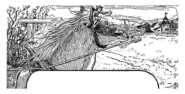ein kleiner Mann, der auf einem Pferdekopf sitzt, Vintage-Linienzeichnung oder Gravierillustration - Vektor, Bild