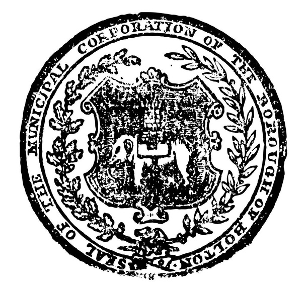Este sello representa Bolton o Bolton le Moors, es un municipio municipal y parlamentario de Inglaterra, dibujo de línea vintage o ilustración de grabado
 - Vector, imagen