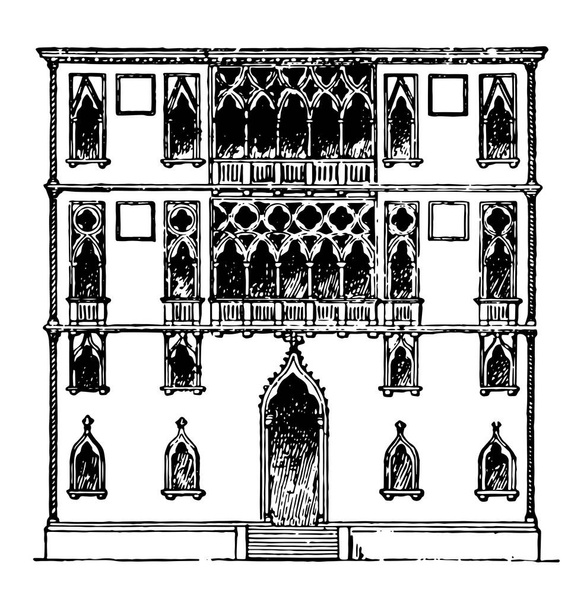 Palace Faade, palace in Venice,  Palazzo Medici Riccardi,  Renaissance palace located in Florence, vintage line drawing or engraving illustration. - Vector, Image