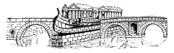 Pons Cestiusza, sposób przejścia w rzymski most, jego był powszechnie wąskie, nowoczesne struktury tego samego rodzaju, wygląd do Drobnołuszczak w Bazylice, vintage rysowania linii lub Grawerowanie ilustracja. - Wektor, obraz