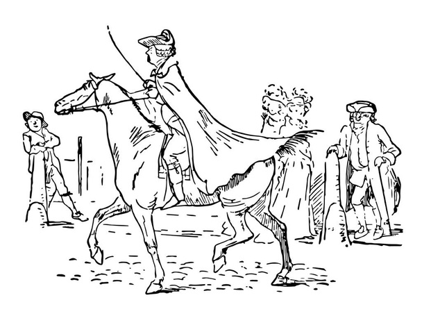 John Gilpin, deze scène toont een man die rijden op paard en andere mensen lopen met hem, vintage lijntekening of gravure illustratie - Vector, afbeelding