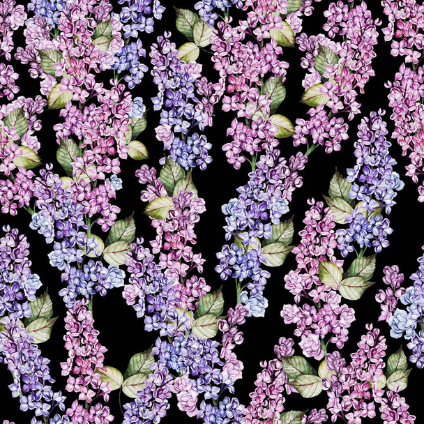 Watercolor seamless pattern with lilac flowers and leaves. - Foto, immagini