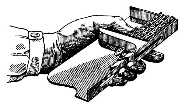 Esta ilustración representa el palillo de composición que se utiliza para configurar letras en la impresión, dibujo de línea vintage o ilustración de grabado
. - Vector, imagen