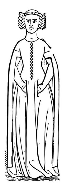 Córka Edwarda III wykazały, że odbywają się one odpowiednio dla kostium, vintage rysowania linii lub Grawerowanie ilustracja. - Wektor, obraz