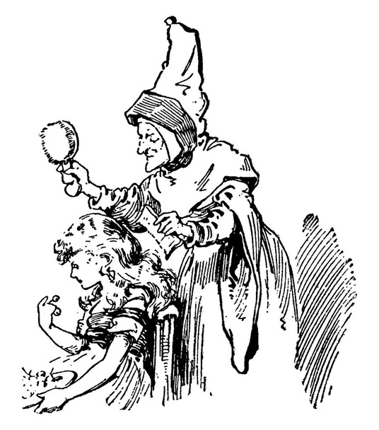 Gerda i królowa śniegu, scena pokazuje stary królowa grzebienie do włosów Mała dziewczynka, vintage rysowania linii lub Grawerowanie ilustracja - Wektor, obraz