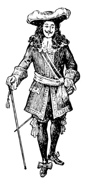Cavalier posteriormente tornou-se fortemente identificado com a roupa na moda, desenho de linha vintage ou gravura ilustração
. - Vetor, Imagem