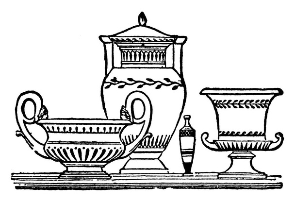 Grecian vazolar bir gemi malzemeleri ve çeşitli formları, açık artırmada New York, vintage çizgi çizme veya oyma bir vazo ödendi. - Vektör, Görsel