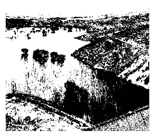 Walnut Grove muestra el lago artificial que anteriormente se asocia con la zona y la ubicación de la parte de su infancia, dibujo de línea vintage o ilustración de grabado
. - Vector, Imagen