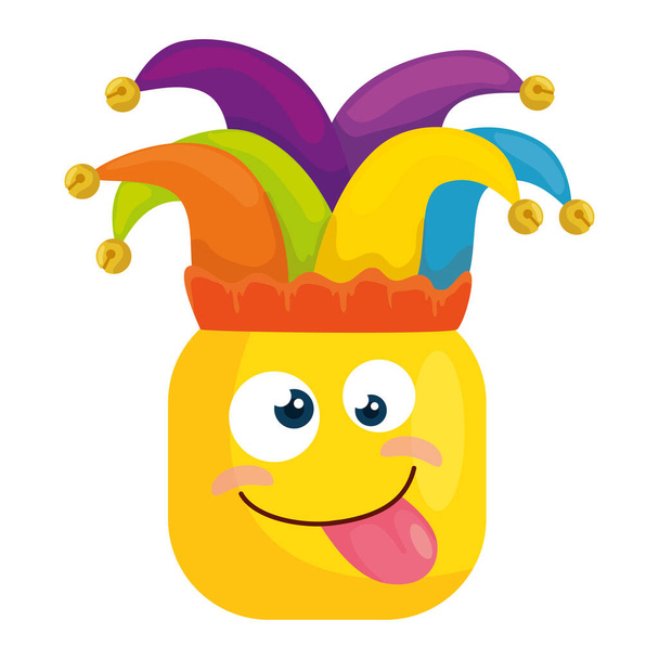 funny square emoticon crazy with hat buffon - Vector, Image