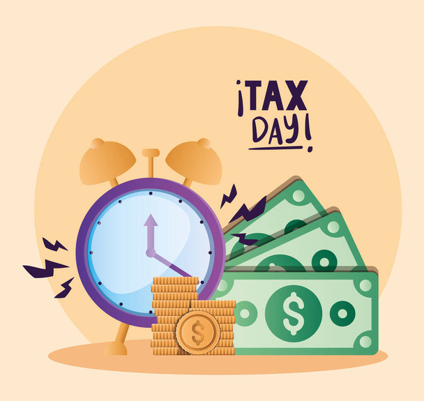 tax day clock bills and coins vector design - Vektör, Görsel