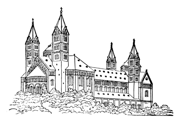 Romanesk kilise, büyük bir kilise çizim satırı bu kadar İmparatorluk Katedrali bazilika için varsayım, orijinal kaynak, vintage çizgi çizme veya oyma resimde benzer. - Vektör, Görsel