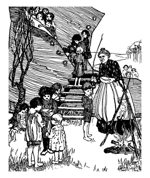 Стара жінка з дитиною стоїть біля вогню з дерев'яних паличок, деякі діти їдять їжу з мисок, деякі діти у великому взутті, вінтажному малюнку або гравірувальній ілюстрації
 - Вектор, зображення