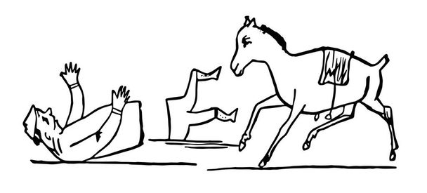 Edward Lear rímek, ez a jelenet mutatja, egy öreg ember esett le a földre, és a split két részből áll, ló közelében neki, vintage vonalas rajz vagy metszet illusztráció - Vektor, kép