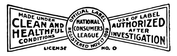 Esta ilustración representa la etiqueta de la Liga de Consumidores que está tratando de elevar los estándares en relación con el saneamiento de los talleres y tiendas, el dibujo de líneas vintage o la ilustración de grabado.
. - Vector, Imagen