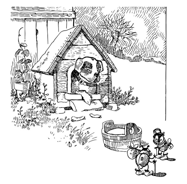 Psa w domu i dwa błędy stojący w pobliżu domu psa, krzewy wokół domu psa, vintage rysowania linii lub Grawerowanie ilustracja - Wektor, obraz