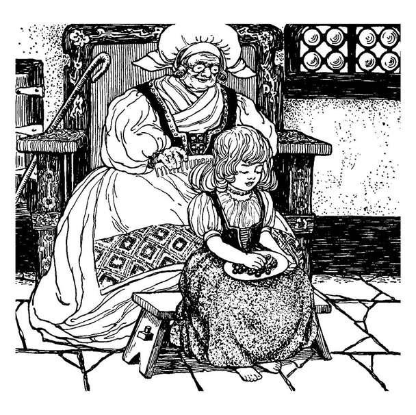 Stara kobieta siedzi na krześle i grzebienie włosy trochę dziewczyna, która siedzi na mały stolik i jedzenie z płyty, vintage rysowania linii lub Grawerowanie ilustracja - Wektor, obraz