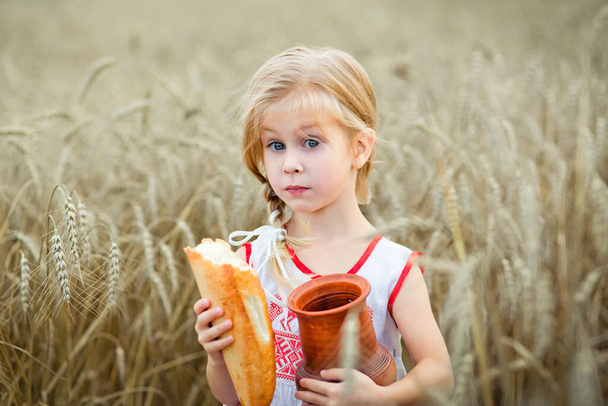 Retrato de uma menina com um jarro marrom e pão na mão. Uma menina posa em um campo de trigo no campo
. - Foto, Imagem