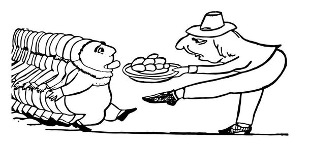 Edward Lear's Rhymes, this scene shows a man with hat feeding buns to boy standing next to him, man holding plate in hand, vintage line drawing or engraving illustration - Vector, Image