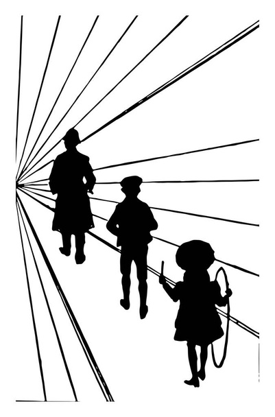 Visual Illusion, Perspective is the policeman really the smallest and the little girl is the biggest, it is the idiopathic visual disturbances could be analogous to the altered excitability, vintage line drawing or engraving illustration. - Vector, Image