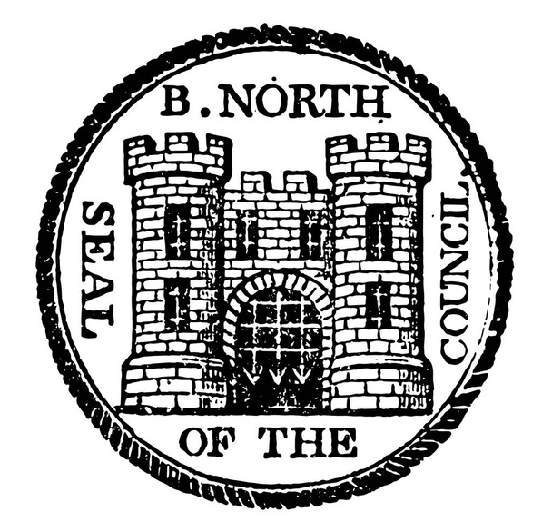 Het zegel van Bridgenorth, heeft het kasteel binnen en bovenkant van het die b. North is geschreven en buitenzijde die zegel van de Raad is geschreven, vintage lijntekening of gravure illustratie - Vector, afbeelding