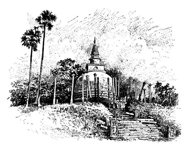 Templo en Cevlon, es notable por su ábside semicircular y rodea el sanctum sanctorum, dibujo de línea vintage o ilustración de grabado
. - Vector, imagen