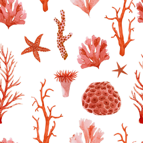 Beautiful seamless pattern with underwater watercolor sea life. Stock illustration. - Foto, Bild