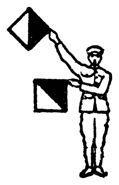 Signal de drapeau pour la lettre O et une demande de renseignements, un homme tient les deux drapeaux sur le côté droit, drapeau de droite 135 degrés vers le haut, gauche est en 90 degrés, dessin de ligne vintage ou illustration de gravure
 - Vecteur, image